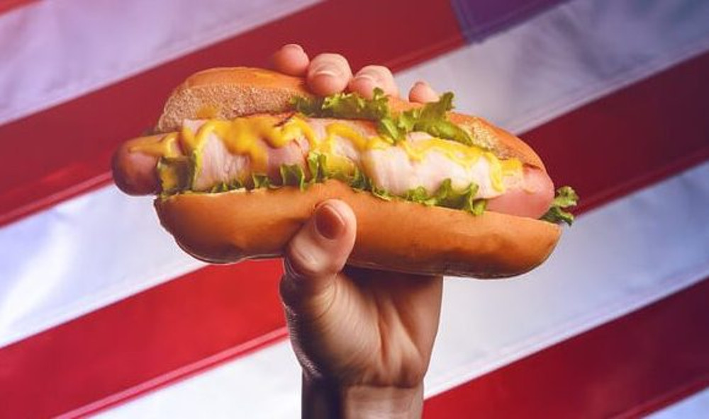 person holding hot dog