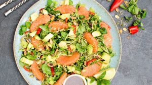 Vegan Avocado Grapefruit Salad With Miso Ginger Dressing and Roasted Pistachios