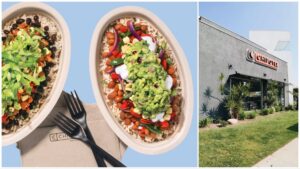 Split image of two vegan Chipotle burrito bowls on a pale blue background (left) and a Chipotle storefront (right).