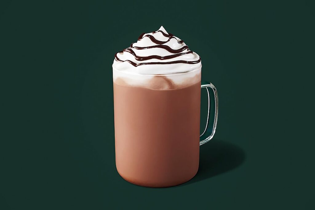 Photo showing a Starbucks hot chocolate on a dark green background
