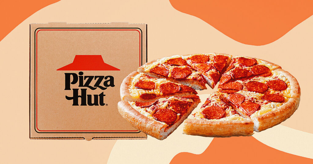 Collage of the pepperoni pizza offered by Pizza Hut restaurants alongside a branded box and on an orange background.