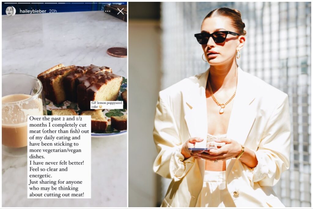 Split image of Hailey Bieber's Instagram post about plant-based food (left) and Bieber herself (right).
