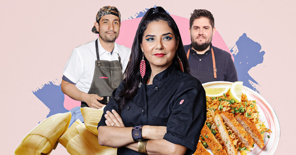 Image shows Erik Ramirez (left), Rebel Mariposa (center), and Fabian von Hauske (right) surrounded by food on a pale pink background. These Latinx chefs put fresh vegetables and vegan dishes center stage.