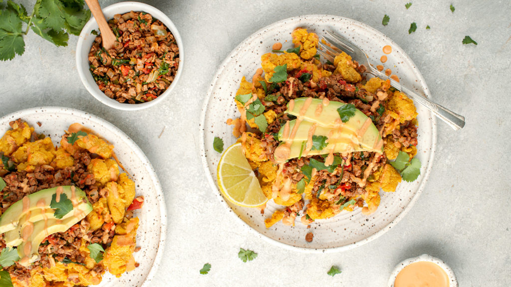 Chickpea Scramble With Vegan Taco Meat and Spicy Crema