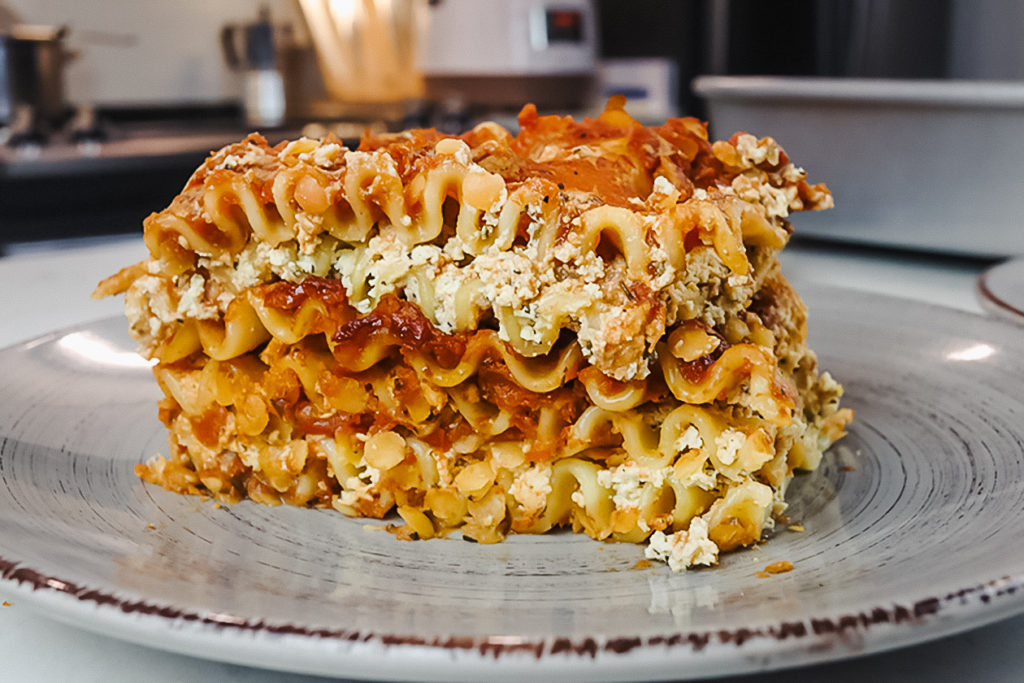 This vegan lasagna features layers of noodles, tofu ricotta, and red sauce. | Rose Lee/LIVEKINDLY