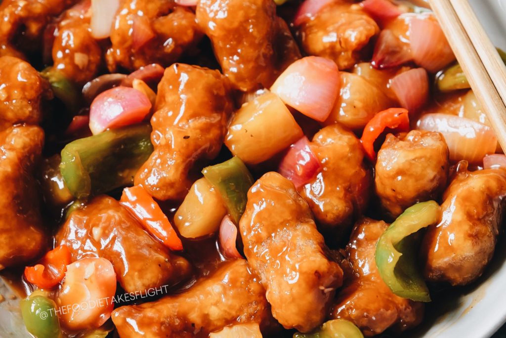 Vegan soy chunks replace pork in this Chinese sweet and sour recipe.