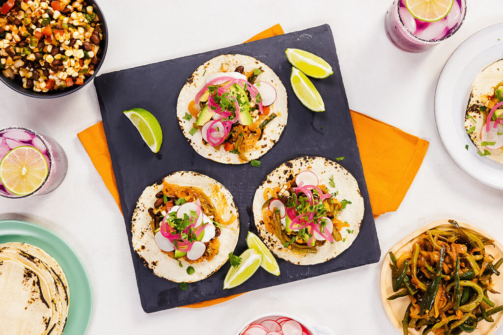 vegan nopales tacos with charred corn and black bean salsa