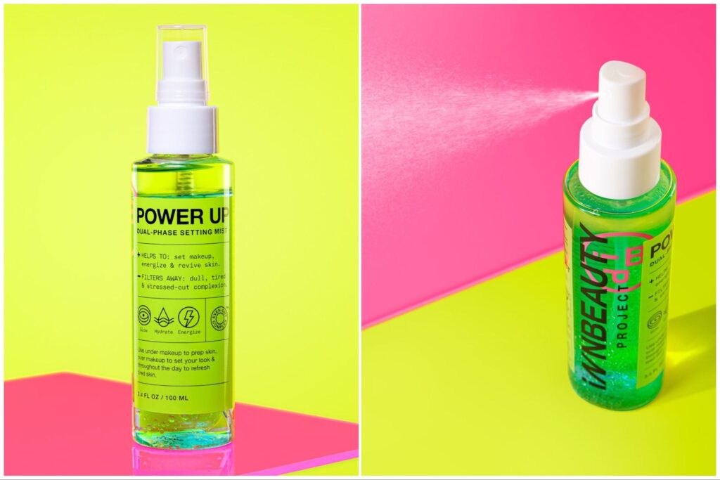 a split image of Power Up face mists against a yellow and pink background