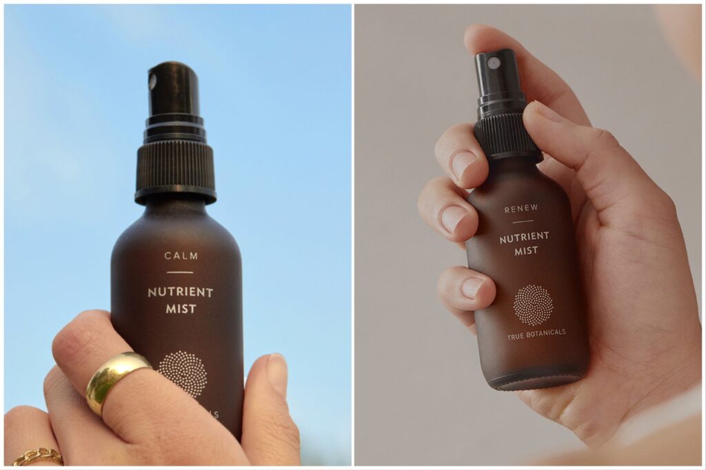 Split image: two bottles of True Botanicals face mist being held