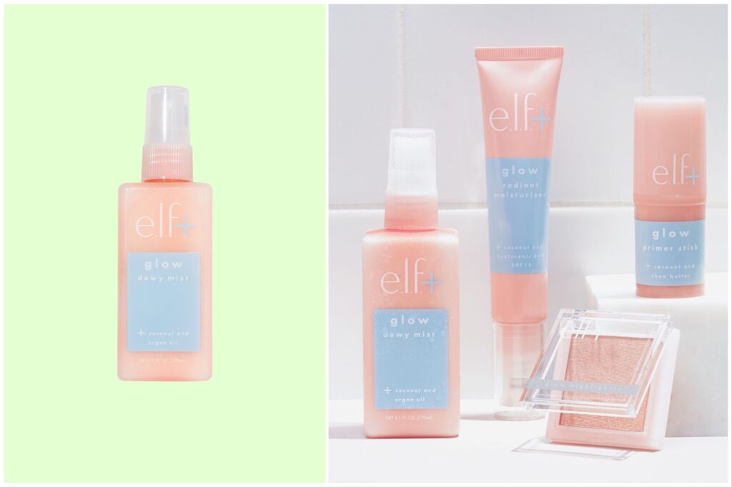 Split image: one face mist shown against a green background and the face mist with other E.l.f products on a bathroom shelf. 