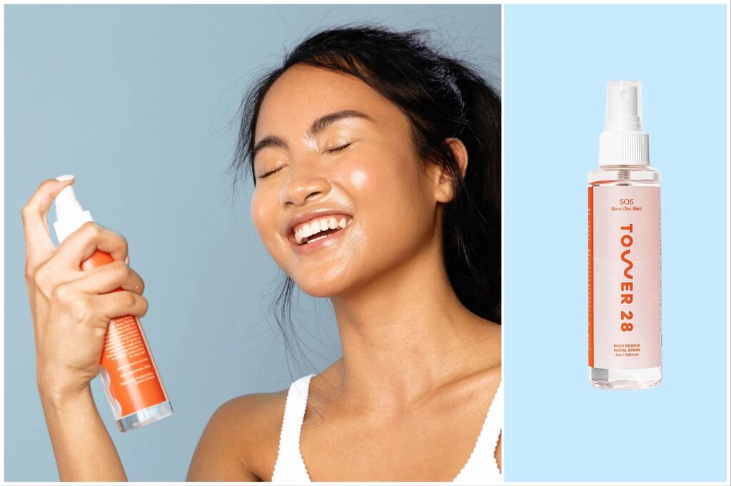 split image: a woman spraying her face with Tower 28 face mist, and a bottle of face mist against a blue background.