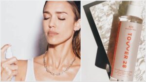 One image of Jessica Alba spraying her face with Honest Beauty face mist. One image of Tower 28 face mist.