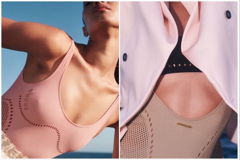 Split image of models wearing the the bodysuit in pale pink (left), and the bandeau in black and beige (right).
