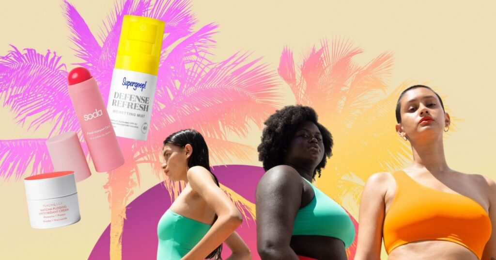 3 women and summer style products against a palm tree background
