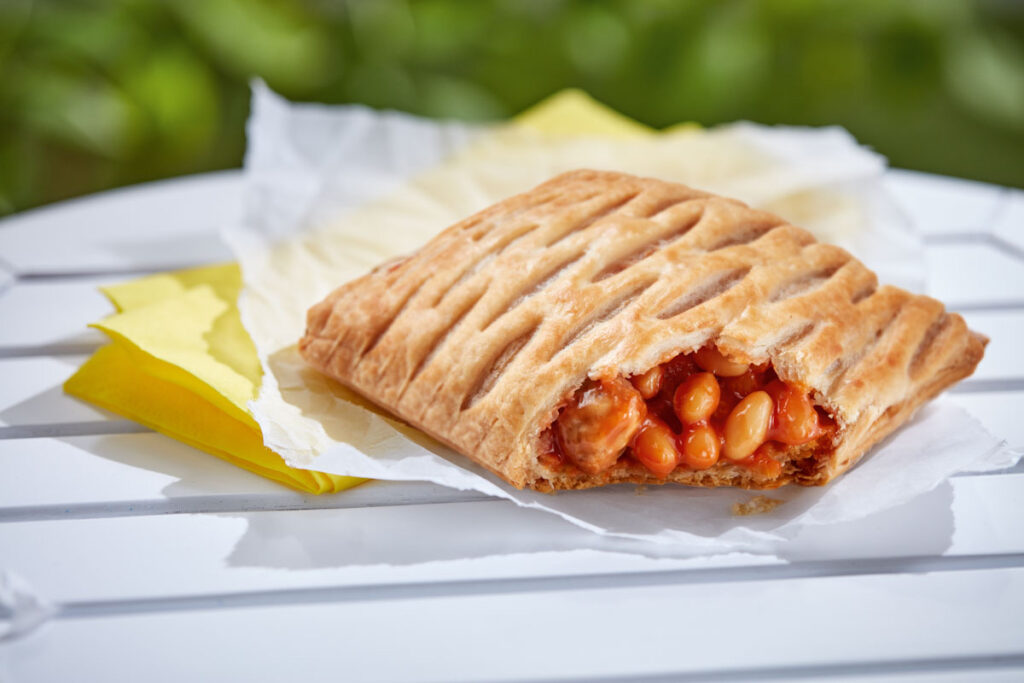 Photo of Greggs' new vegan Sausage, Bean, and Cheese Melt.