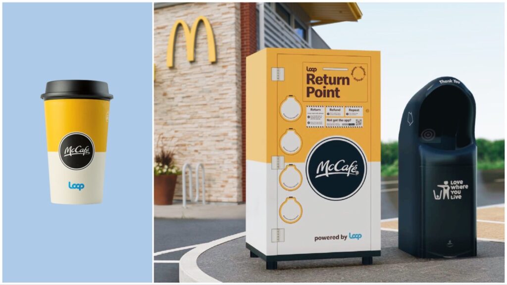 Split image featuring a close up of McDonald's reusable coffee cup (left) and the McDonald's return point (right).