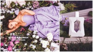 Ariana Grande lying down in a field of flowers, split with her new perfume bottle
