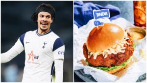 Split image of Dele Alle (left) and a Tindle burger (right), the latest investment by the English footballer.