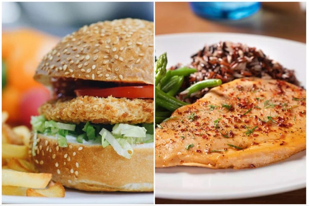 Split image of a cultured burger (left) and a chicken fillet (right) by Nestlé partners Future Meat Technologies.