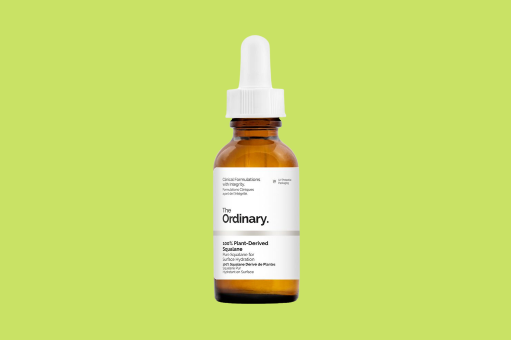 The Ordinary's 100 percent plant-based squalane on a light green background.