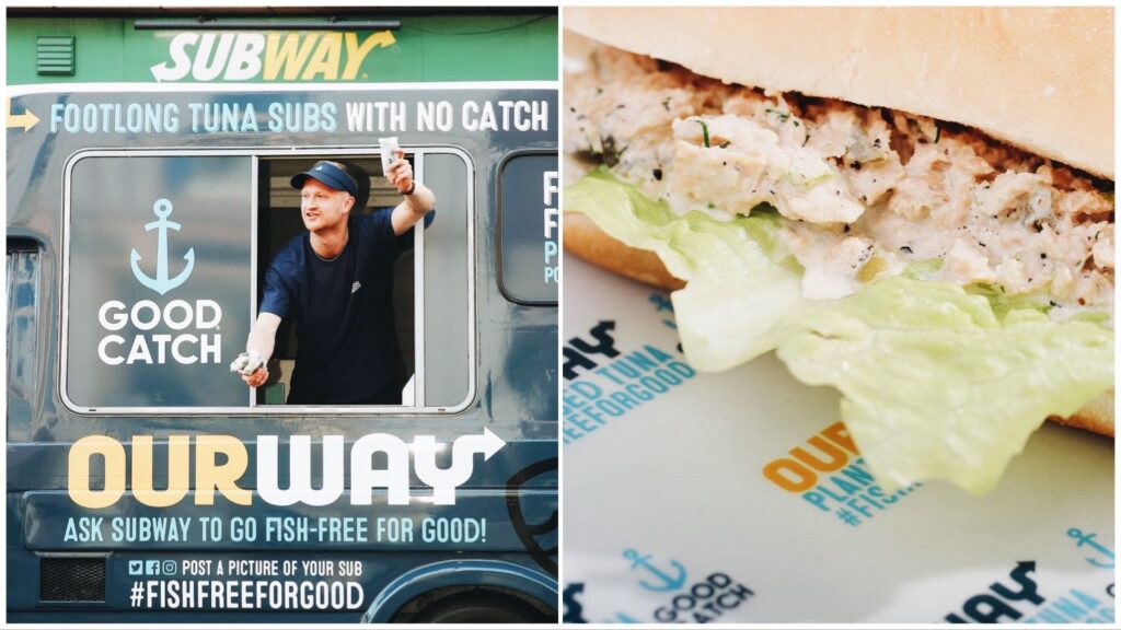 Split image of an employee leaning out of the GoodCatch van outside of Subway (left), and the vegan tuna sandwich itself (right).