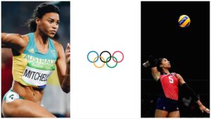 Three way split image of vegan Olympic athletes including sprinter Morgan Mitchell (left), the five interlocking Olympic rings (center), and volleyball player Rachael Adams (right).