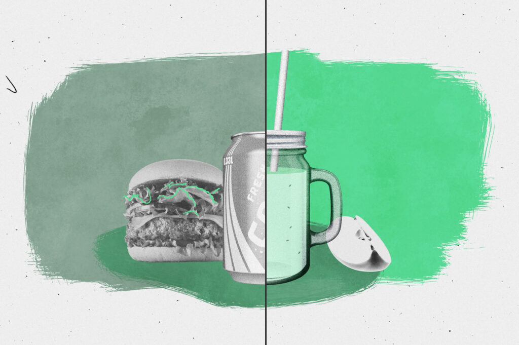 An animation showing a split of a soda with a hamburger and a green juice