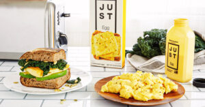 Photo features Eat Just's Just Egg Folder plated up, in a snadwich, and in its packaging—the vegan egg just launched in South Africa.