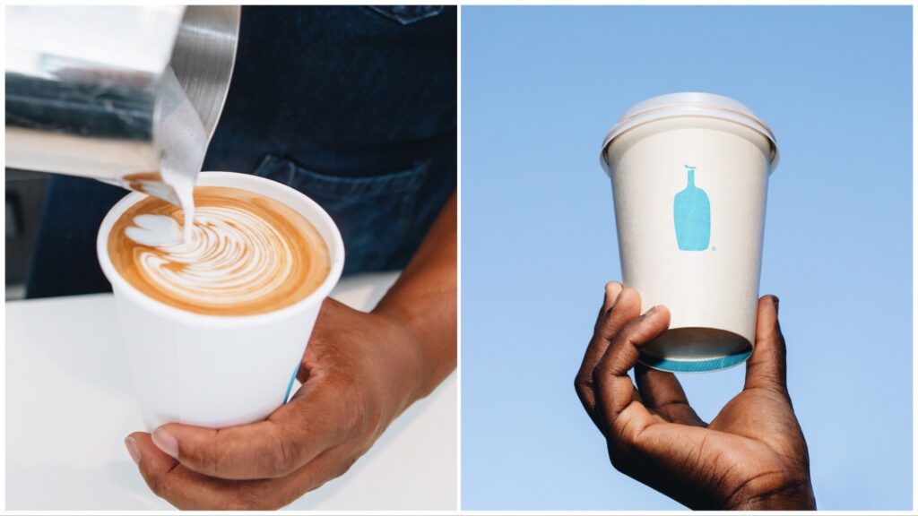 Split image of a barista pouring latte art (left) and someone holding up a Blue Bottle Coffee cup (right).