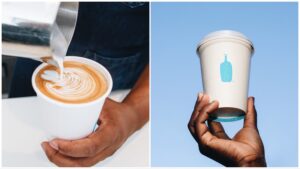 Split image of a barista pouring latte art (left) and someone holding up a Blue Bottle Coffee cup (right).