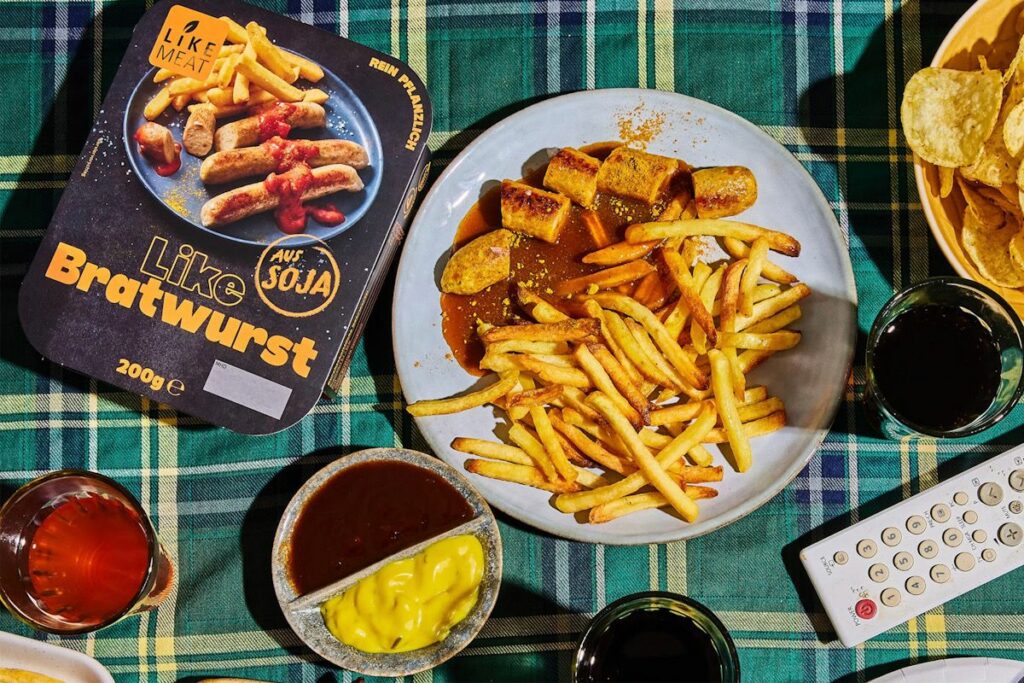 LikeMeat vegan bratwurst and fries.