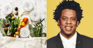 Split image featurinng a photo of Misha's Kind Foods vegan cheese (left) and Jay-Z (right).