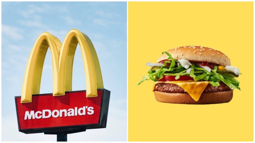 Split image of the McDonald's golden arches logo (left) and a McPlant burger (right).