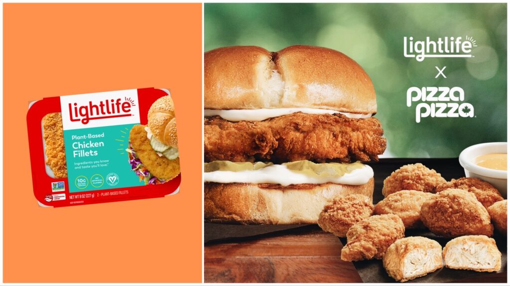 Split image featuring Lightlife vegan chicken packaging on an orange background (left) and prepared as Pizza Pizza's burger and bites (right).