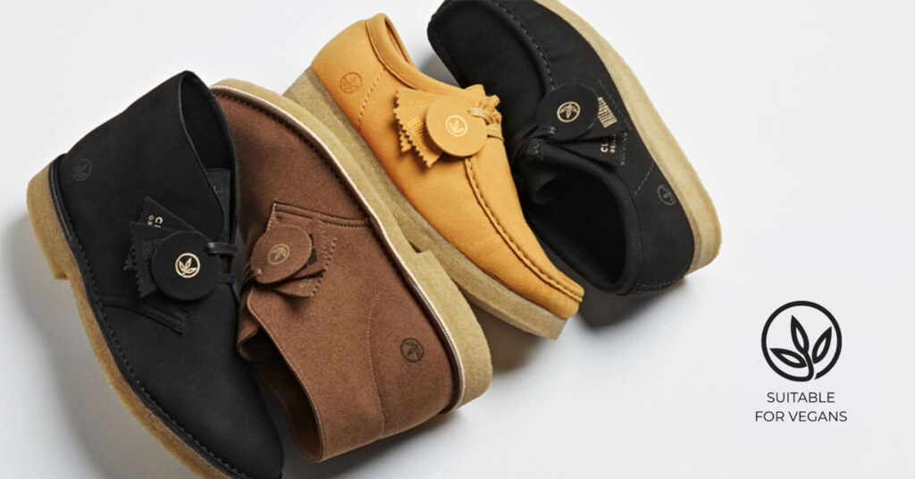 Photo of Clarks' New Vegan Icons range, which features the popular Desert Boot and Wallabee shoe.