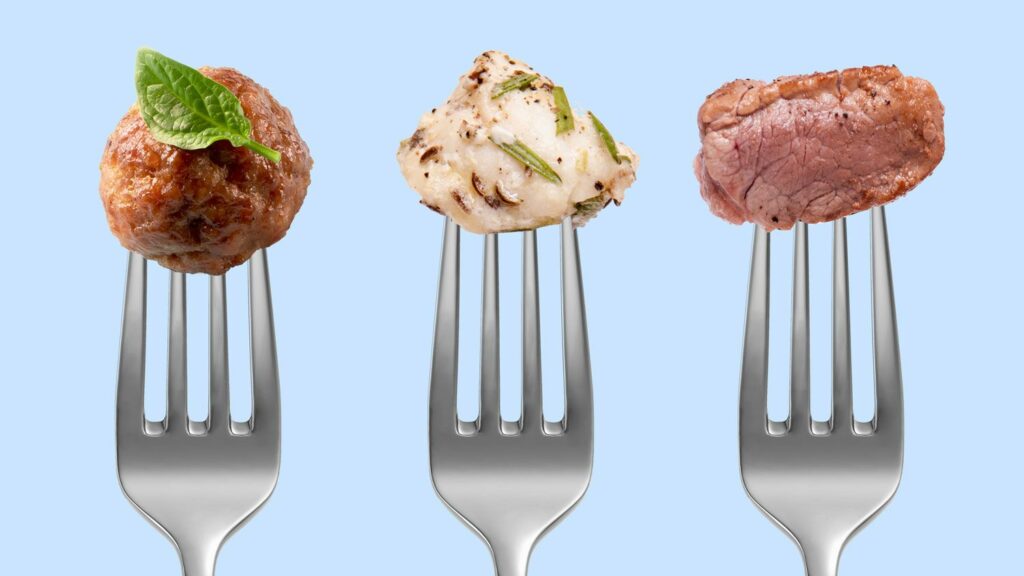 Various types of cultured meat on a fork