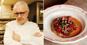 Alain Ducasse' Sapid has opened. A split of Alain Ducasse next to a plant-based dish.
