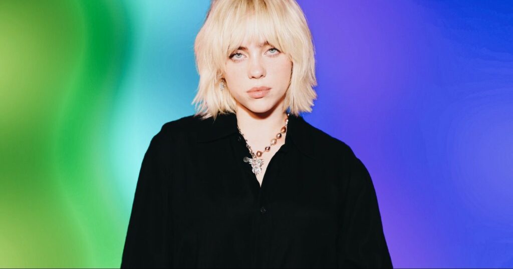 Image features a photo of Billie Eilish on a green, purple, and blue background