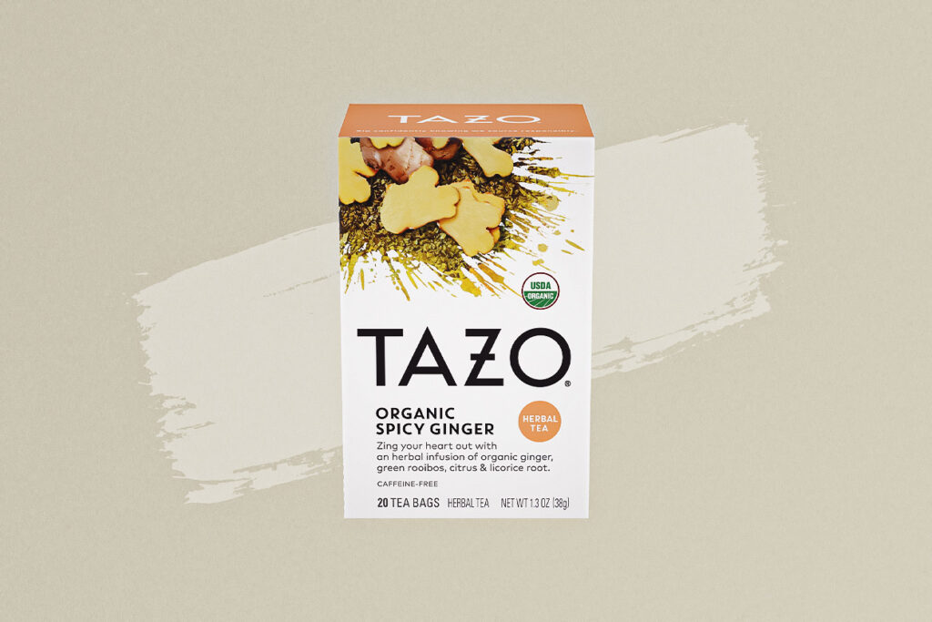 Photo shows Tazo's organic spicy ginger tea, a warming drink that can be enjoyed hot or poured over ice, just like coffee.