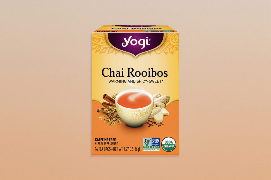 Photo shows Yogi Tea's Chai Rooibos, a caffeine-free favorite.