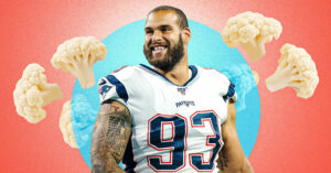 Image features Lawrence Guy on a blue and pink background featuring cauliflower. The Patriots lineman says he's going vegan bit by bit.