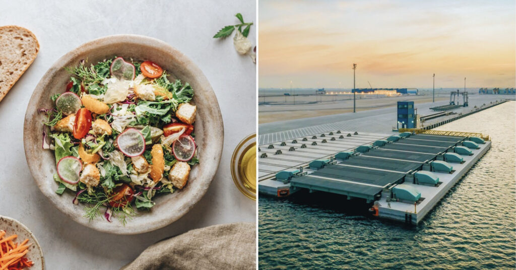 Split image of an Eat Just cultured chicken salad (left) and Qatar, the home of the brand's new cell-based meat plant.