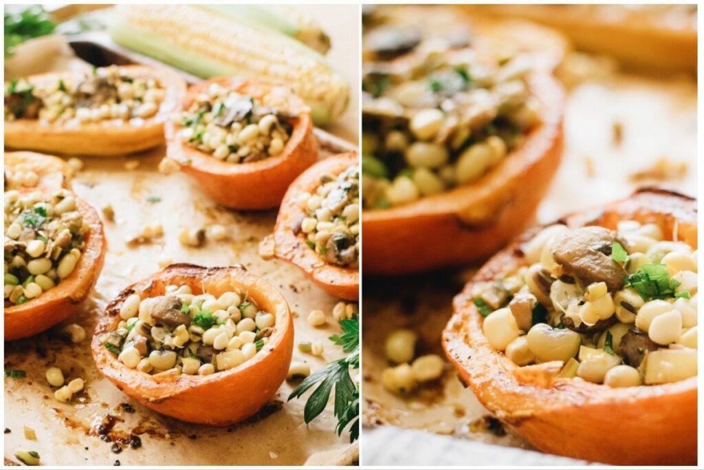 Stuffed squash with leeks and beans
