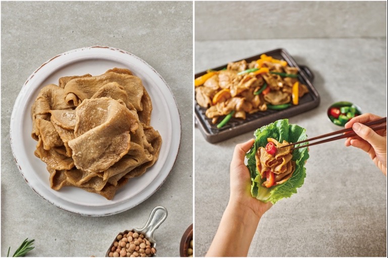 Split image shows South Korean company Zikooin's vegan-friendly Unlimeat. On the left, in a pile on a white plate. On the right, with peppers on a grill and topping a lettuce leaf.