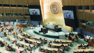 Photo shows incoming UN General Assembly President Abdulla Shahid of the Maldives addressing the event's attendees in New York.
