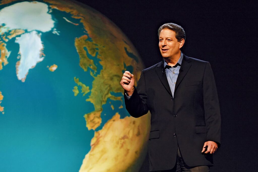 Image of Al Gore against a background showing planet Earth.