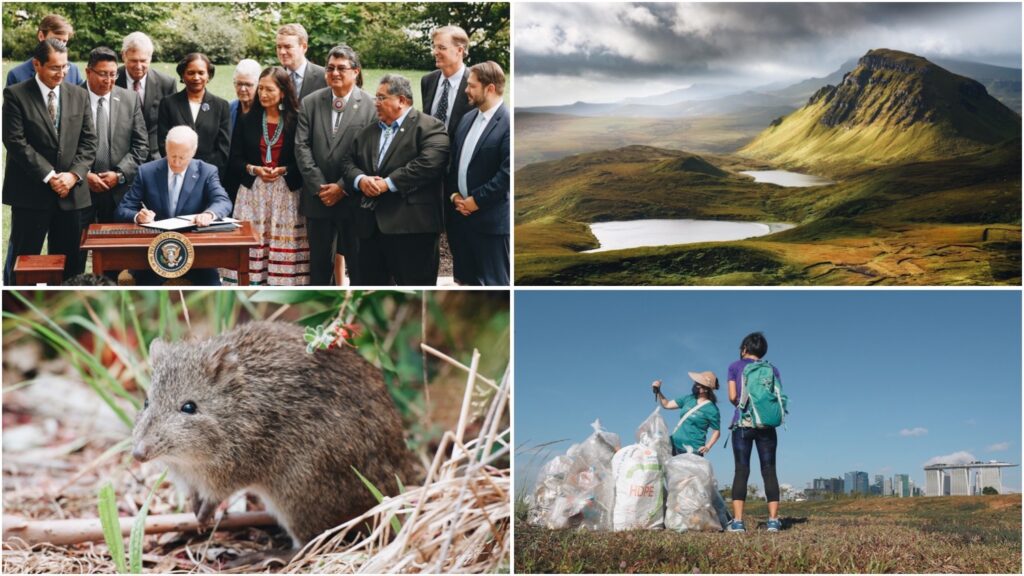 Collage image shows (clockwise from top left): Biden signing an order to expand natural monuments, the Scottish isle of Skye, two people collecting recyclables, and an Australian bandicoot. The final good climate news concerns a wildlife highway for California mountain lions.