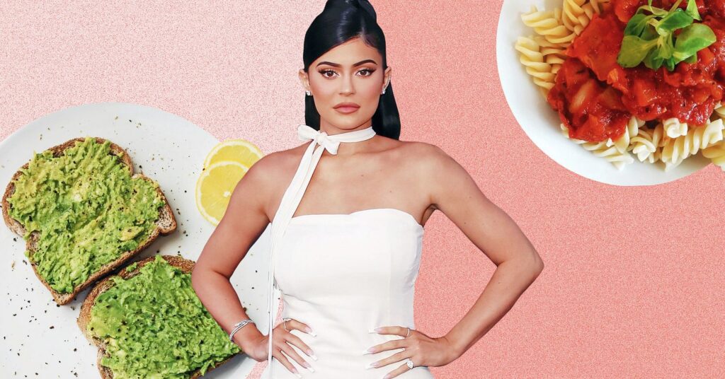 Collage showing Kylie Jenner in a white strapless top on a pink background with avocado toast and pasta