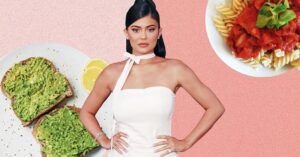 Collage showing Kylie Jenner in a white strapless top on a pink background with avocado toast and pasta