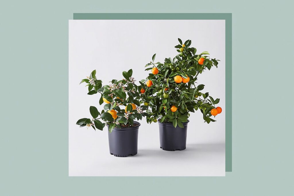 Photo showing a small potted meyer lemon tree next to a small potted orange tree